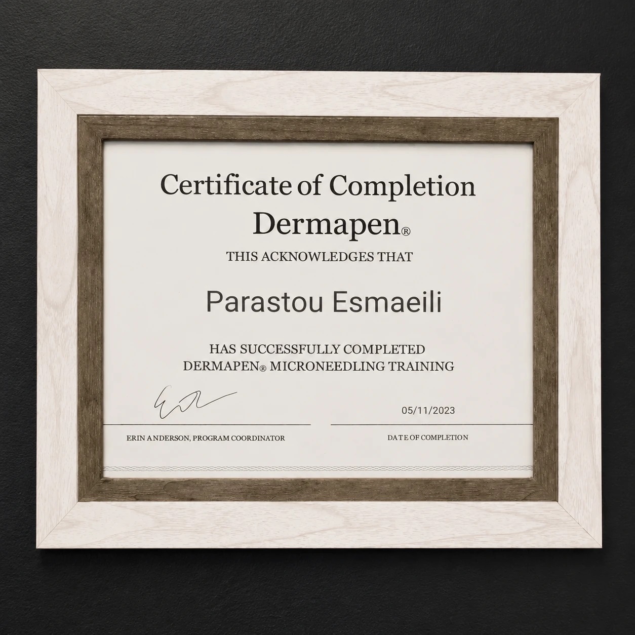 Official Dermapen Microneedling Certificate of Completion awarded to Parastou Esmaeili.