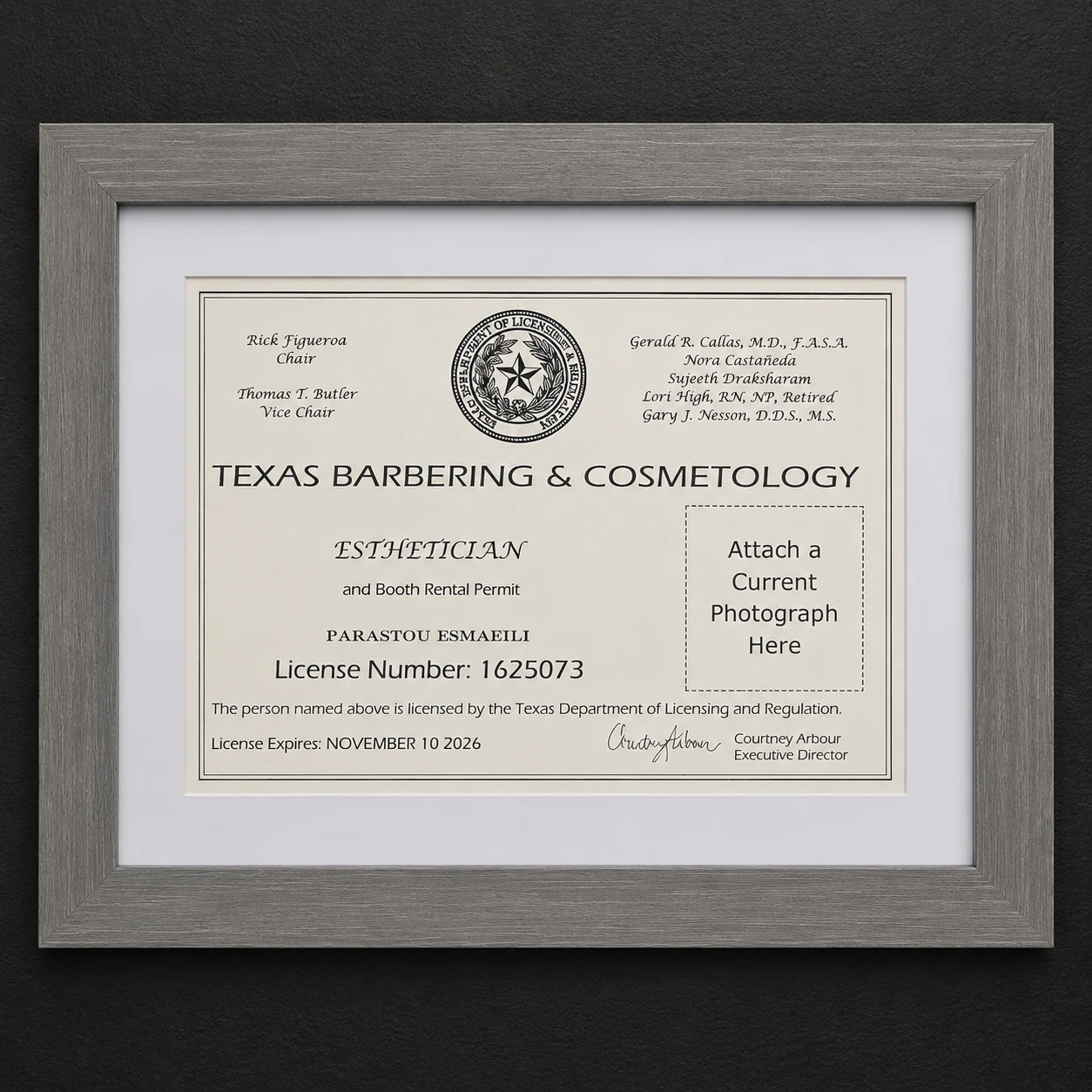 Official Texas Department of Licensing and Regulation Esthetician License for Parastou Esmaeili at SpaZone by Paris.