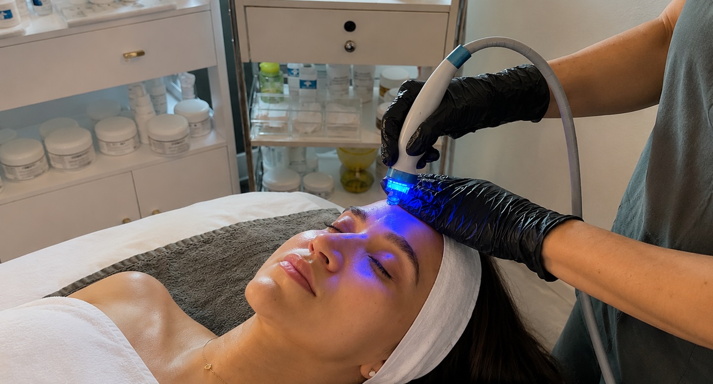Licensed esthetician Paris performing an advanced hydrofacial skin service at Spa Zone by Paris in Plano.