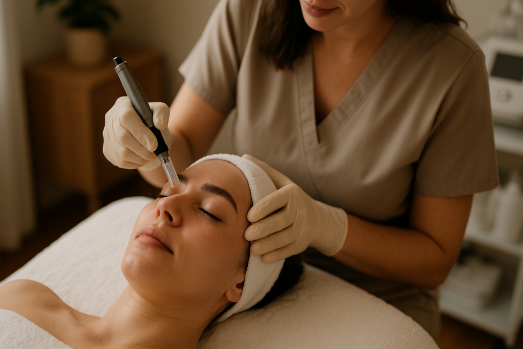 A woman lying on a spa treatment bed with eyes closed while a therapist wearing gloves performs a facial treatment using a handheld device in a calm spa setting, representing a spa in Plano TX.