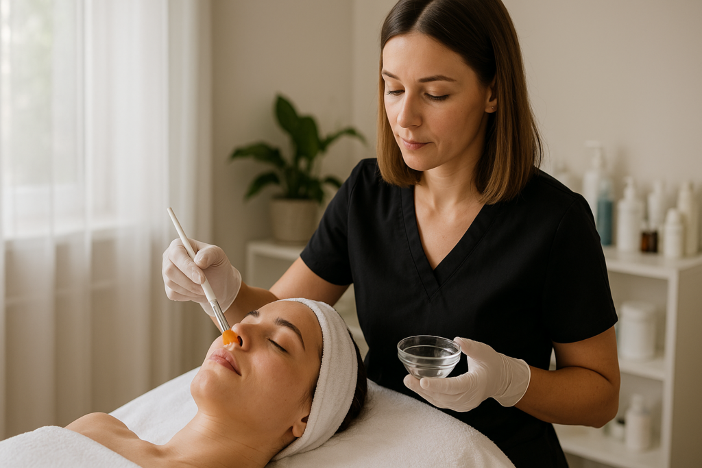 A skincare specialist wearing gloves applies a facial treatment with a brush to a relaxed woman lying on a spa bed, illustrating chemical peels plano tx at a spa setting.