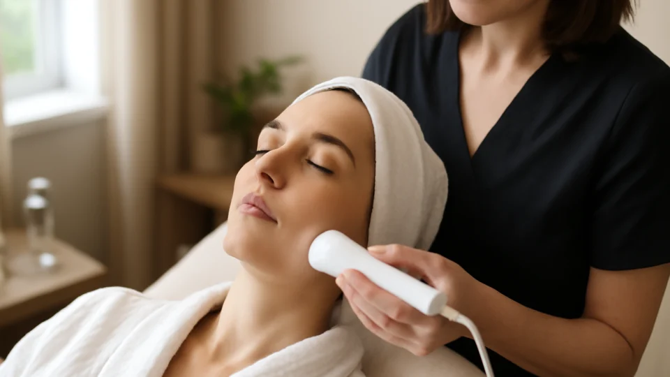 A woman receiving a facial treatment with a handheld device at a spa, suggesting a body sculpting service in a relaxing environment.